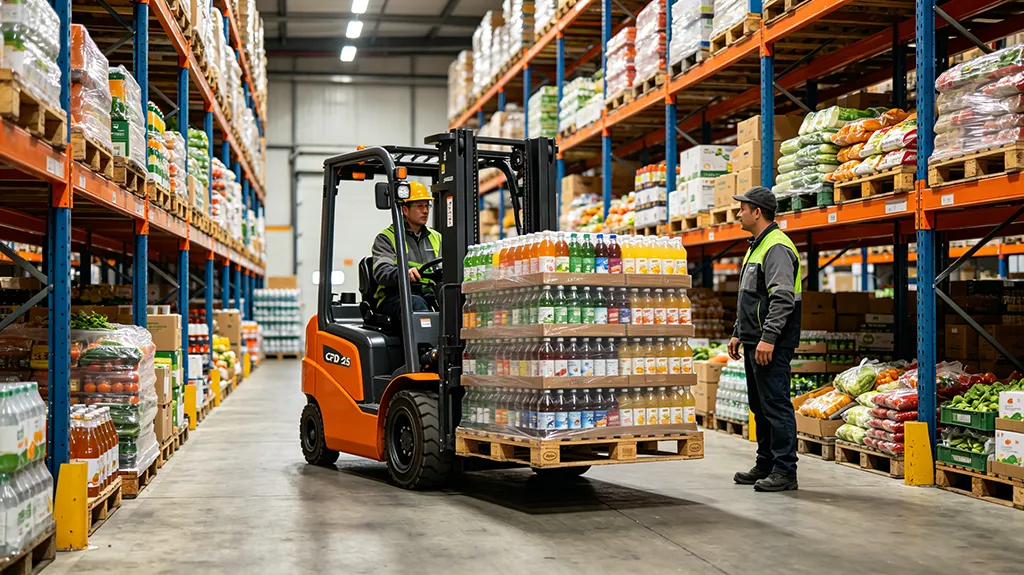 Orange CPD-25 electric forklift lifting beverage pallets inside a food distribution warehouse with high rack storage