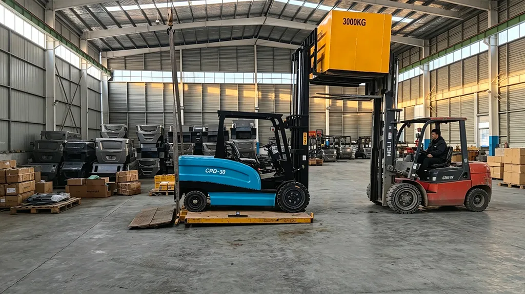 CPD-30 3-ton electric forklift undergoing a 3000kg capacity test in a large factory warehouse, demonstrating stable lifting performance