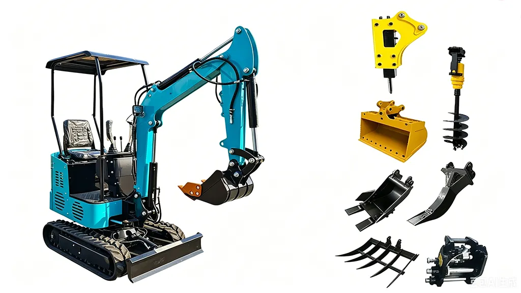 Versatile cyan mini excavator with a full range of attachments including hydraulic breaker, auger, grading bucket, ripper, rake and grapple