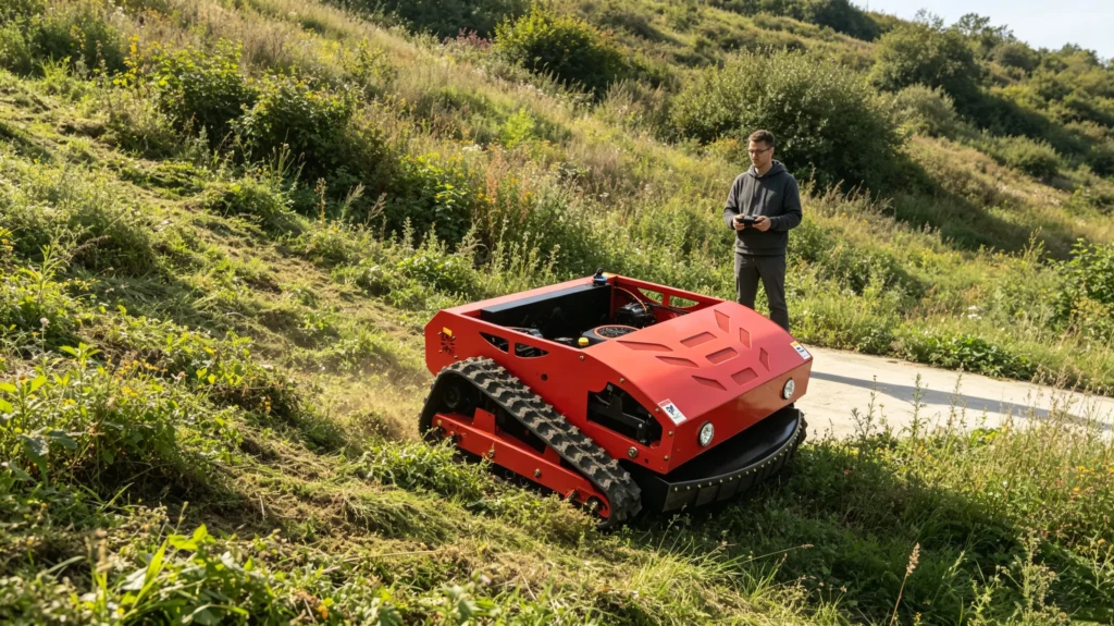 Red remote-controlled crawler lawn mower cutting overgrown grass on steep hillside, operator controls machine safely from flat ground with handheld remote