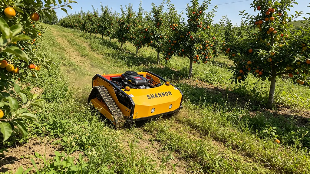 Yellow SHANNON remote-controlled tracked mower operating on a sloped orchard, clearing grass and weeds between fruit trees