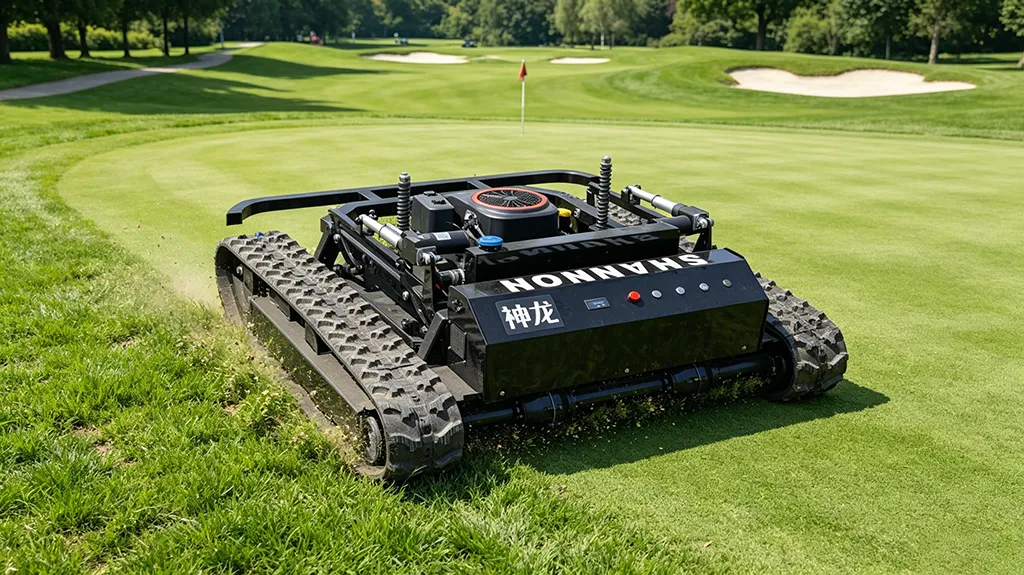 Black Shenlong remote-controlled tracked mower trimming grass on a golf course, maintaining smooth turf on sloped fairways and greens