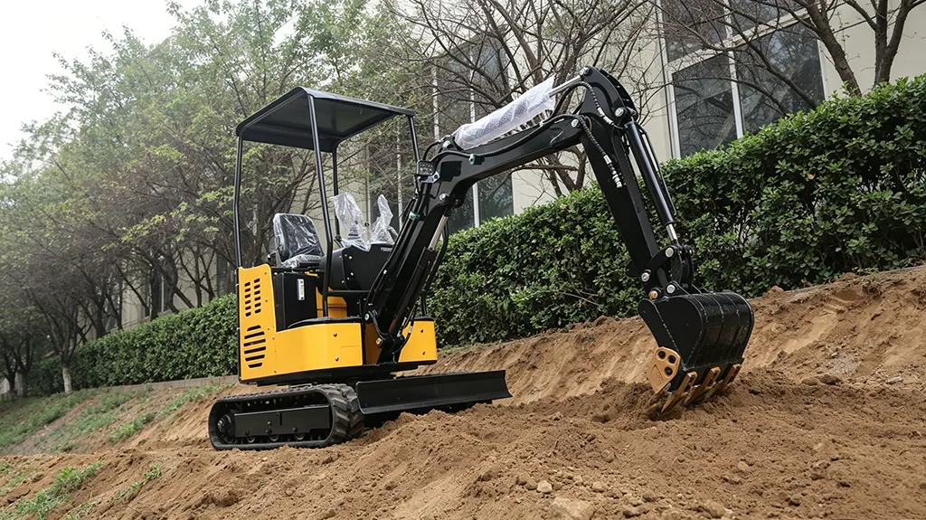 Yellow compact mini excavator with canopy working on a sloped dirt embankment, ideal for landscaping and earthmoving projects