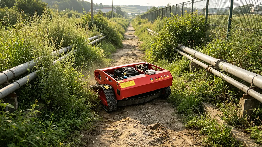 Red remote-controlled tracked flail mower clearing overgrown weeds on narrow muddy pipeline access slope, with rugged anti-slip tracks