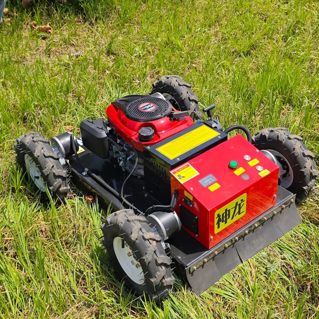 Red Shenlong four wheel remote control lawn mower with big anti-slip tires trimming overgrown lawn grass